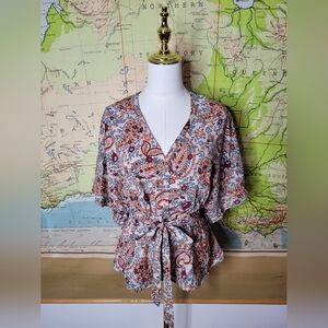 Easel, Women's Floral Blouse Tie Waist Flowy Sleeves Size S Garden Girl